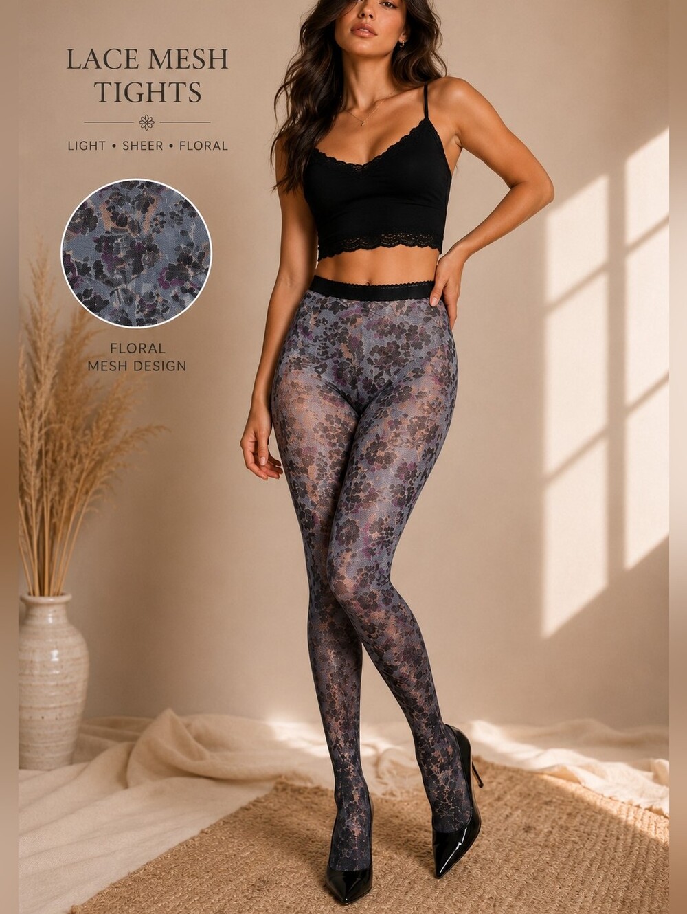 NWT Urban Outfitters Floral Lace Mesh Tights Sheer Floral Print Stockings Y2K